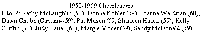 Text Box: 1958-1959 CheerleadersL to R: Kathy McLaughlin (60), Donna Kohler (59), Joanne Wardman (60), Dawn Chubb (Captain--59), Pat Mason (59, Sharleen Haack (59), Kelly Griffin (60), Judy Bauer (60), Margie Moser (59), Sandy McDonald (59)
